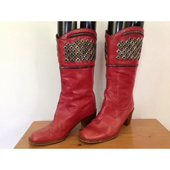 Vintage Francois Villon Paris Red Italian Leather Studded Cowgirl Boots 36.5 6 - Picture 2 of 10